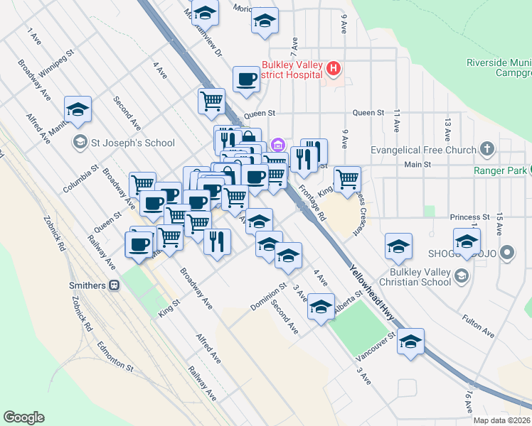 map of restaurants, bars, coffee shops, grocery stores, and more near 3731 4 Avenue in Smithers