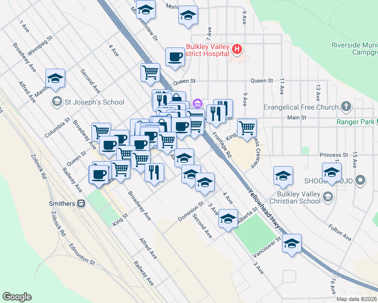map of restaurants, bars, coffee shops, grocery stores, and more near 3731 4 Avenue in Smithers