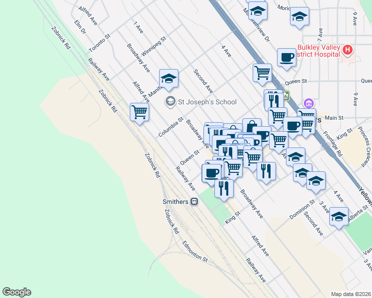 map of restaurants, bars, coffee shops, grocery stores, and more near 3931 Alfred Avenue in Smithers