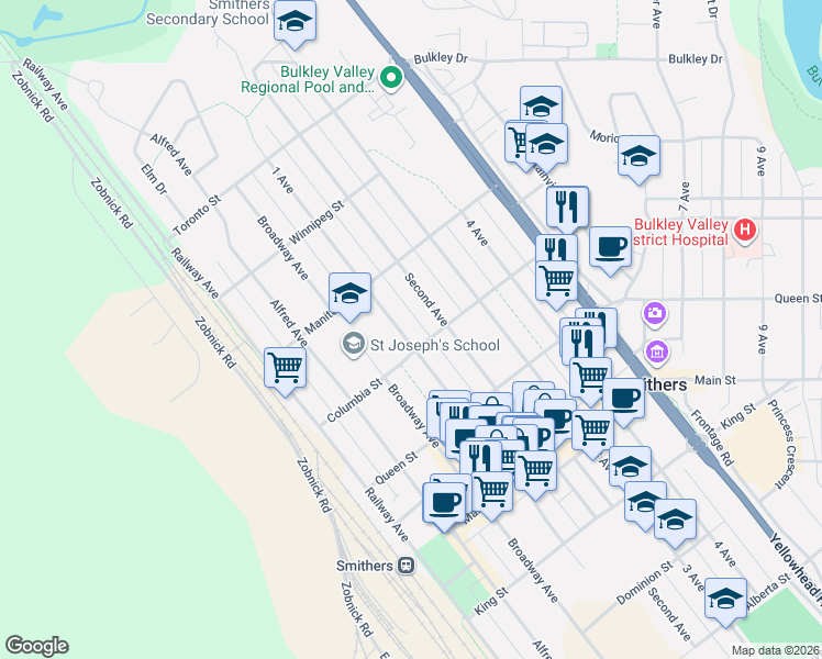 map of restaurants, bars, coffee shops, grocery stores, and more near 4020 1 Avenue in Smithers