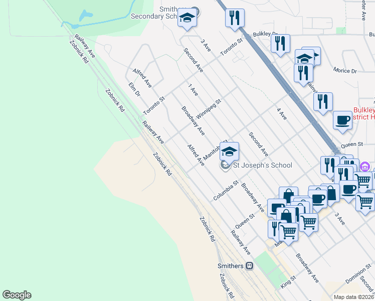 map of restaurants, bars, coffee shops, grocery stores, and more near 4145 Alfred Avenue in Smithers