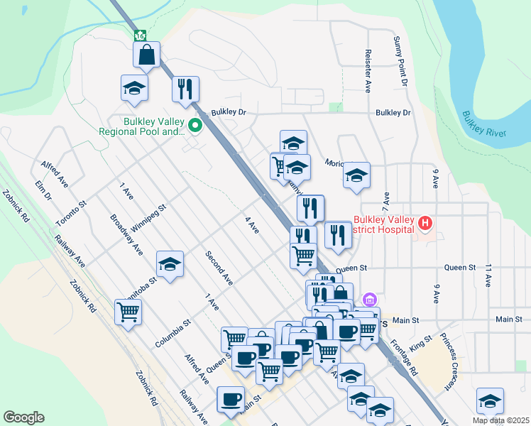 map of restaurants, bars, coffee shops, grocery stores, and more near 4092 4 Avenue in Smithers