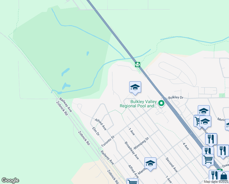 map of restaurants, bars, coffee shops, grocery stores, and more near Alpine Village Estates in Smithers