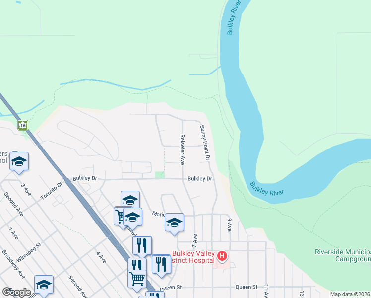 map of restaurants, bars, coffee shops, grocery stores, and more near 1411 Driftwood Crescent in Smithers