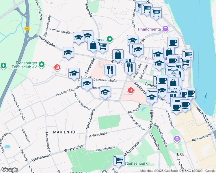 map of restaurants, bars, coffee shops, grocery stores, and more near 22 Hochstraße in Flensburg
