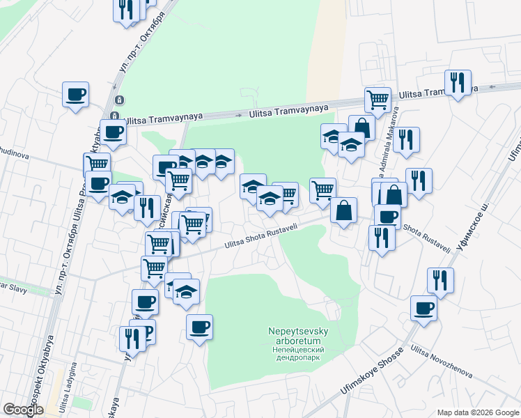 map of restaurants, bars, coffee shops, grocery stores, and more near in Ufa