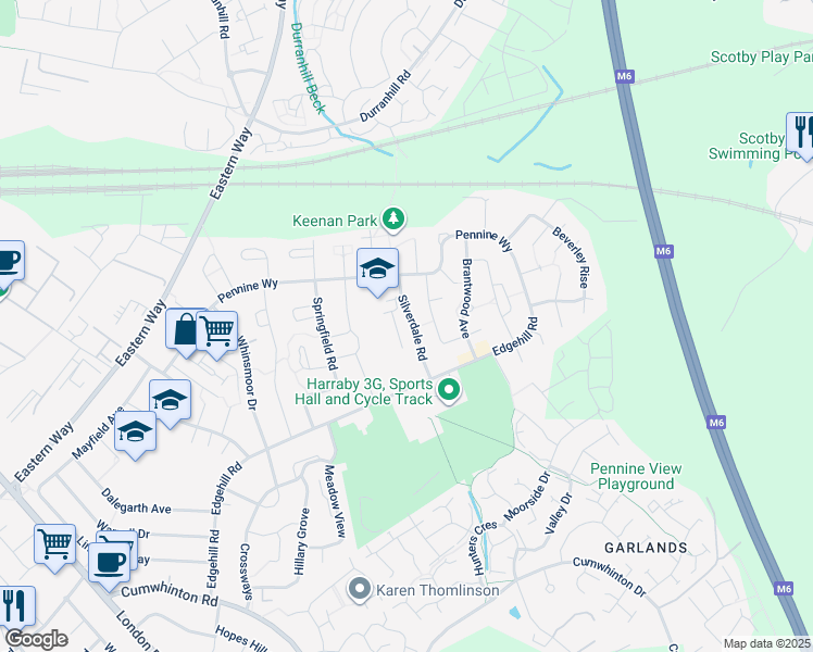 map of restaurants, bars, coffee shops, grocery stores, and more near Silverdale Road in Cumbria
