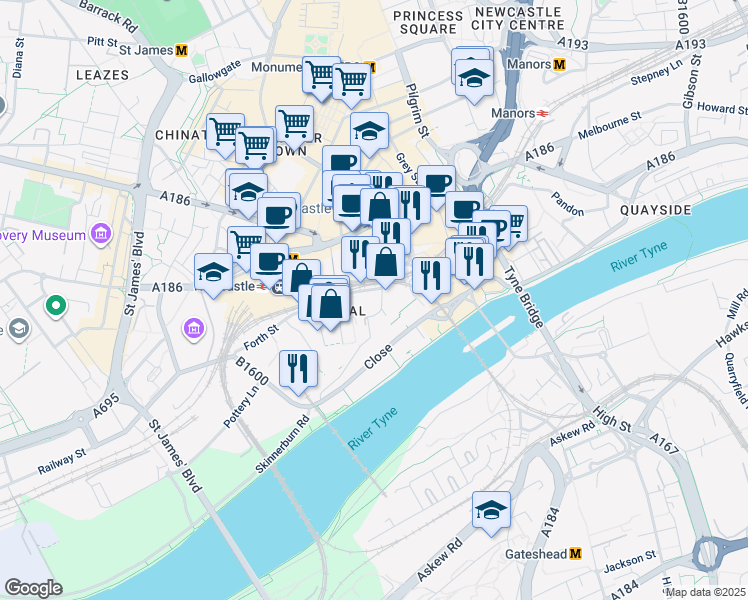 map of restaurants, bars, coffee shops, grocery stores, and more near Hanover Square in Tyne and Wear