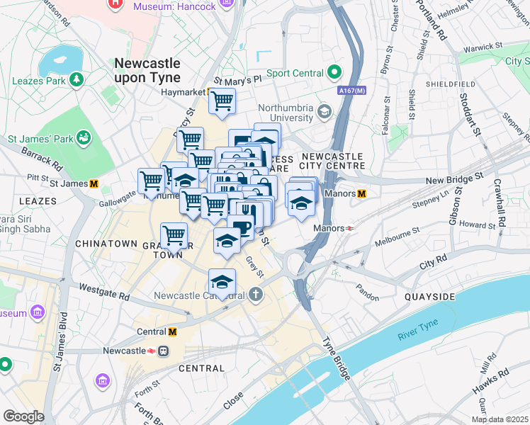 map of restaurants, bars, coffee shops, grocery stores, and more near Market Street in Tyne and Wear