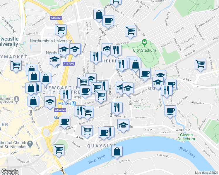 map of restaurants, bars, coffee shops, grocery stores, and more near Clarence Street in Tyne and Wear