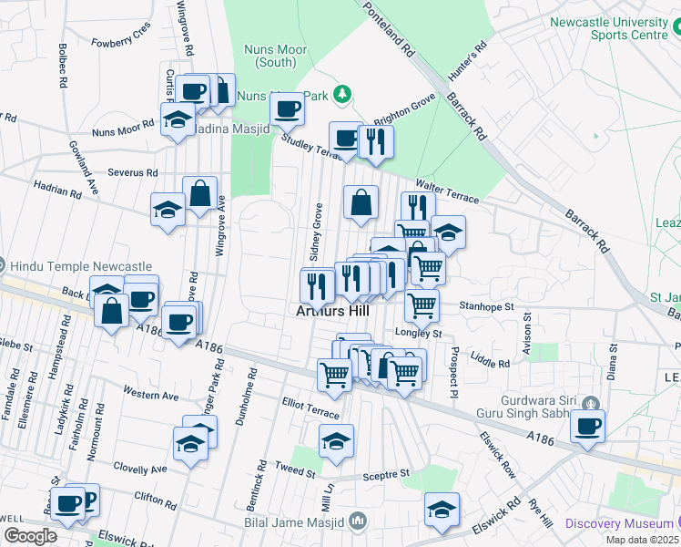 map of restaurants, bars, coffee shops, grocery stores, and more near Brighton Grove in Newcastle upon Tyne