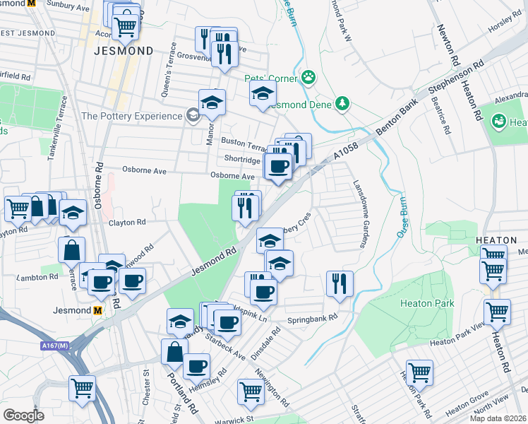 map of restaurants, bars, coffee shops, grocery stores, and more near Jesmond Road in Tyne and Wear