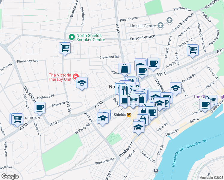 map of restaurants, bars, coffee shops, grocery stores, and more near in Tyne and Wear