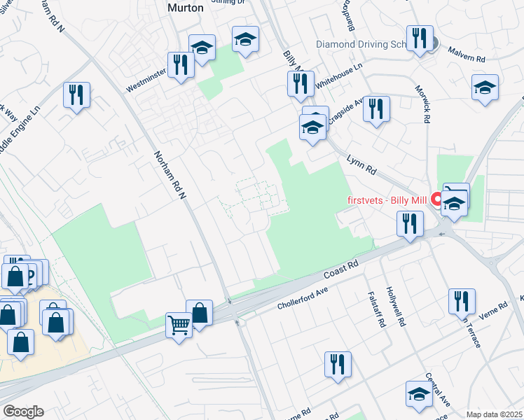 map of restaurants, bars, coffee shops, grocery stores, and more near Kenton Road in Tyne and Wear