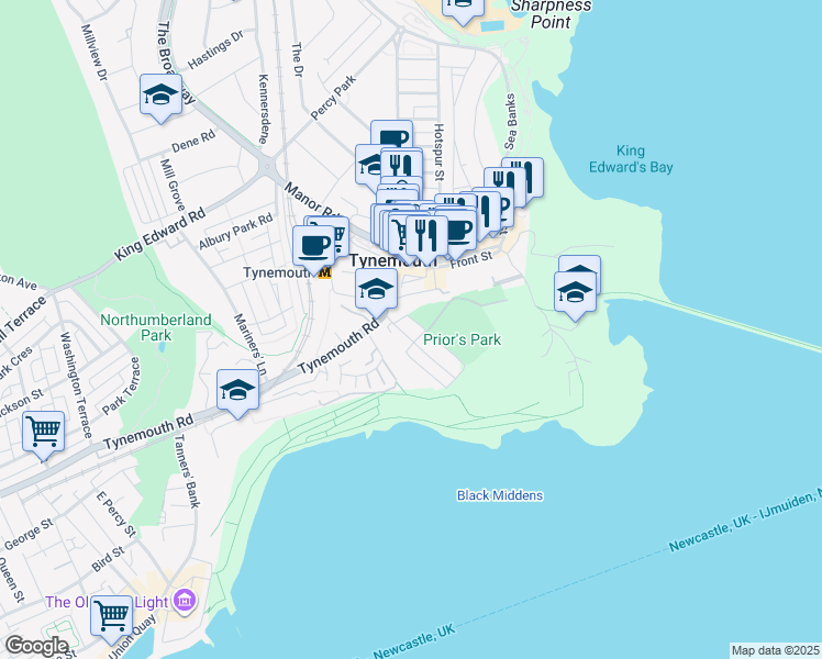 map of restaurants, bars, coffee shops, grocery stores, and more near Tynemouth Terrace in Tynemouth