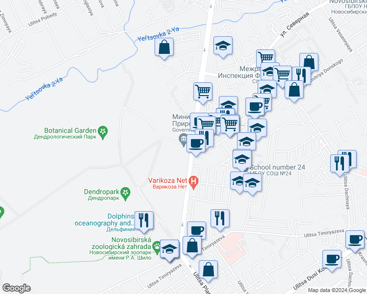 map of restaurants, bars, coffee shops, grocery stores, and more near 100 ulitsa Zhukovskogo in Novosibirsk