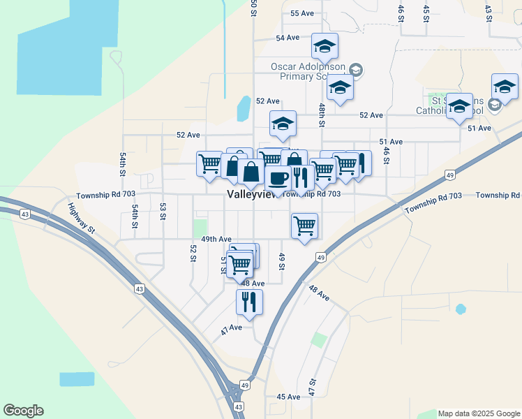 map of restaurants, bars, coffee shops, grocery stores, and more near 4913 50 Street in Valleyview