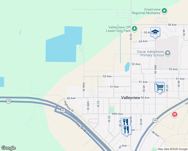 map of restaurants, bars, coffee shops, grocery stores, and more near 5301 52 Avenue in Valleyview
