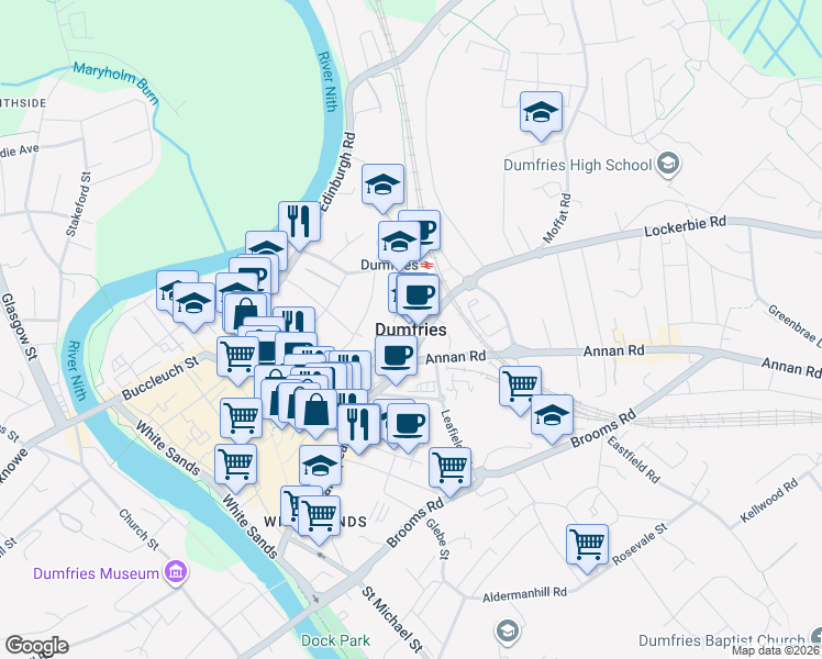 map of restaurants, bars, coffee shops, grocery stores, and more near in Dumfries