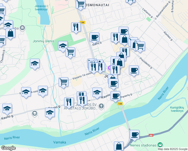 map of restaurants, bars, coffee shops, grocery stores, and more near 1A Vasario 16-osios gatvė in Jonava
