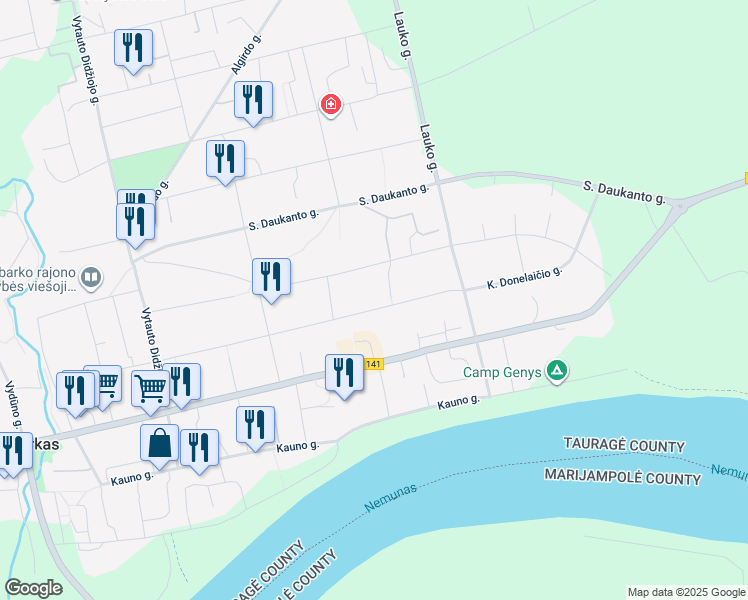 map of restaurants, bars, coffee shops, grocery stores, and more near in Jurbarkas