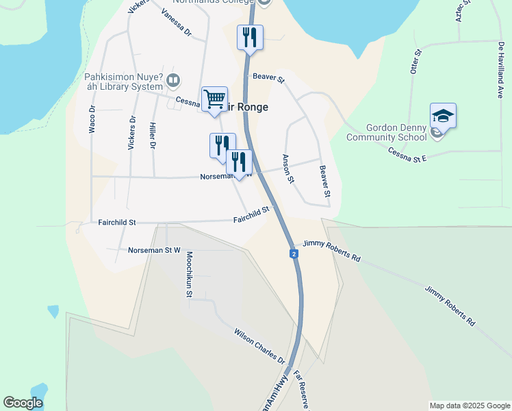 map of restaurants, bars, coffee shops, grocery stores, and more near 302 Fairchild Street in Air Ronge