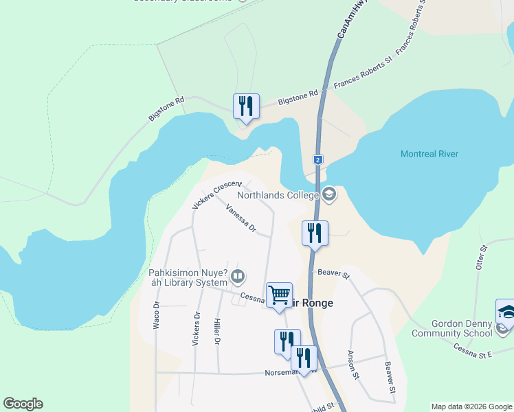 map of restaurants, bars, coffee shops, grocery stores, and more near 198 Vickers Crescent in Air Ronge