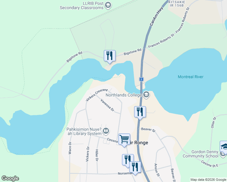 map of restaurants, bars, coffee shops, grocery stores, and more near 198 Vickers Crescent in Air Ronge