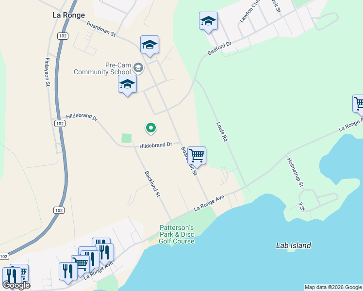 map of restaurants, bars, coffee shops, grocery stores, and more near 207 Boardman Street in La Ronge