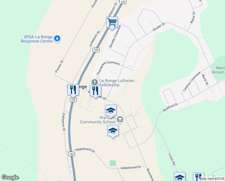 map of restaurants, bars, coffee shops, grocery stores, and more near 1327 Studer Street in La Ronge