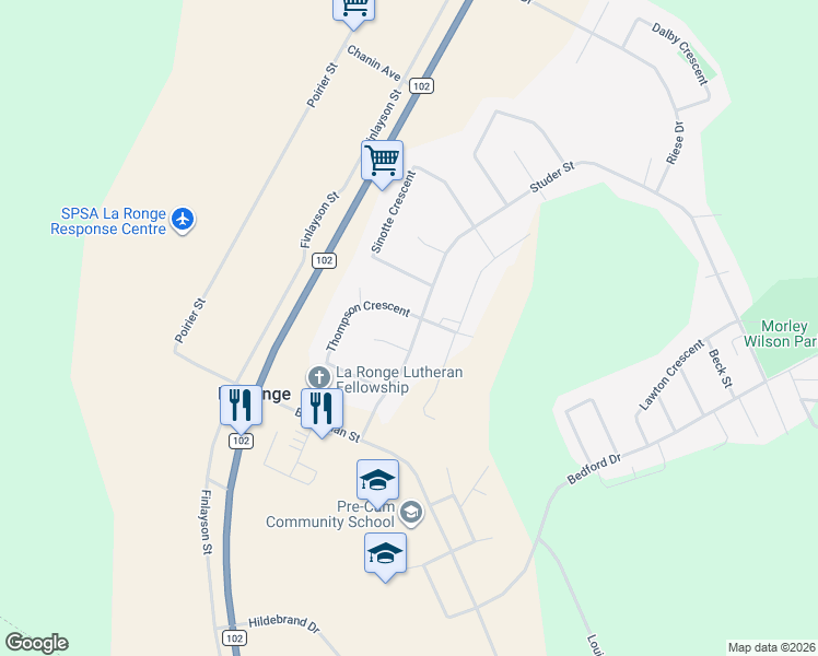 map of restaurants, bars, coffee shops, grocery stores, and more near 1327 Studer Street in La Ronge