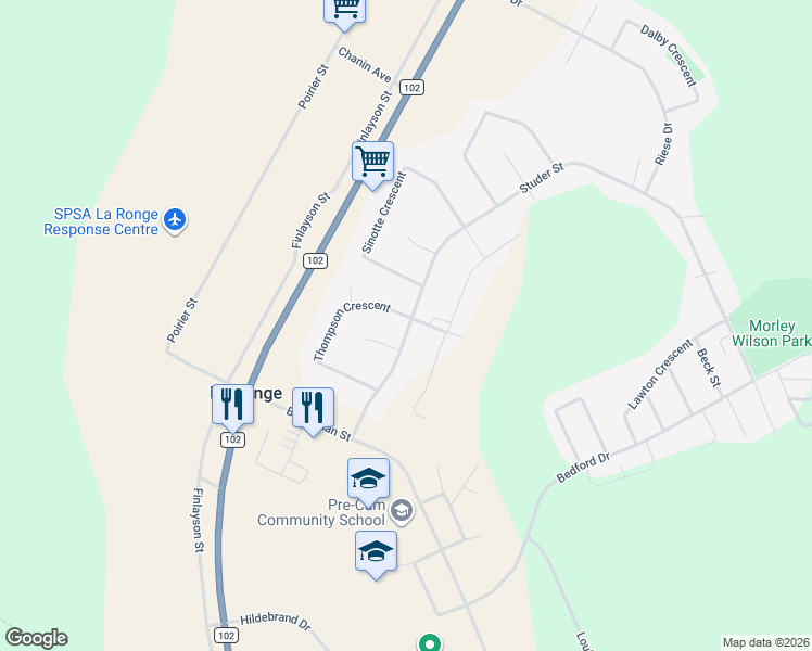 map of restaurants, bars, coffee shops, grocery stores, and more near 955 Thompson Crescent in La Ronge