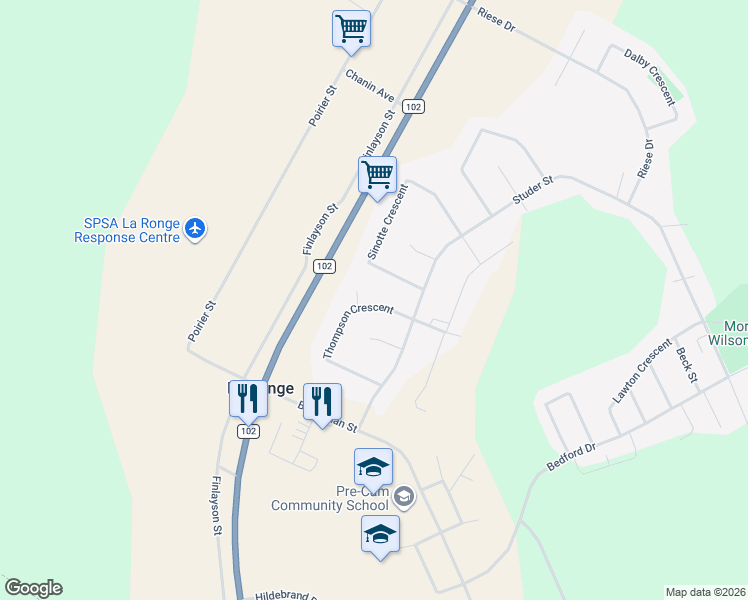 map of restaurants, bars, coffee shops, grocery stores, and more near 1320 Finlayson Street in La Ronge