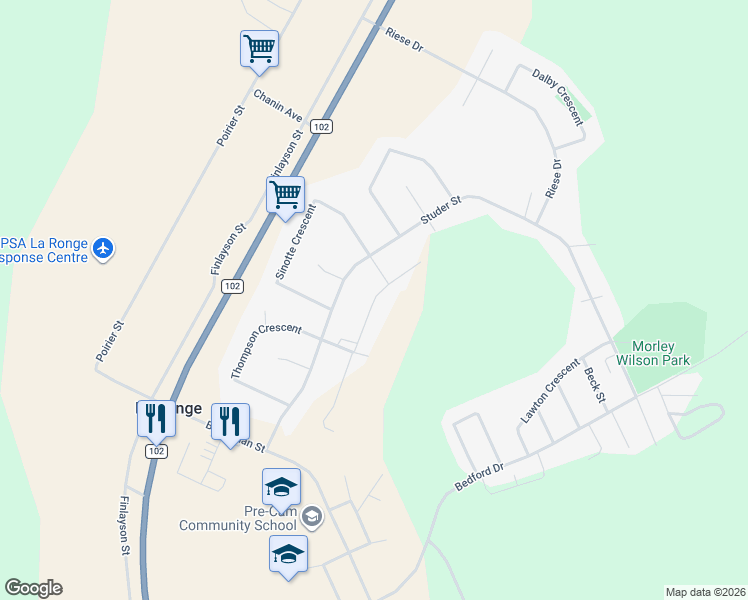 map of restaurants, bars, coffee shops, grocery stores, and more near Robertson Drive in La Ronge