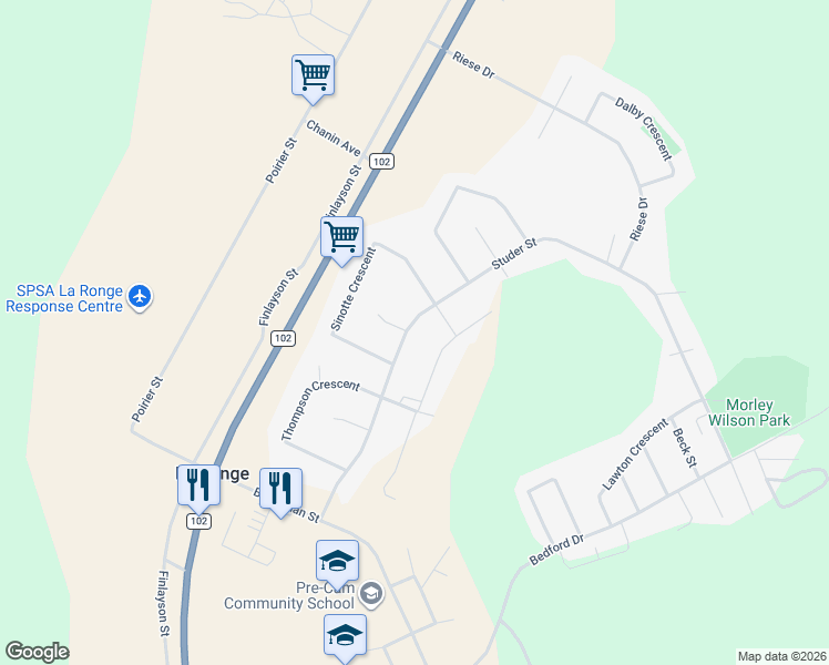 map of restaurants, bars, coffee shops, grocery stores, and more near Robertson Drive in La Ronge