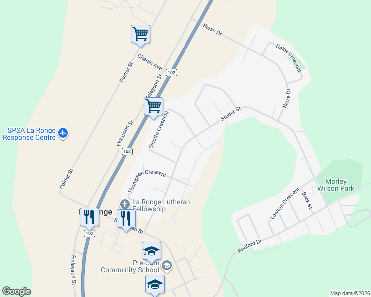 map of restaurants, bars, coffee shops, grocery stores, and more near Robertson Drive in La Ronge