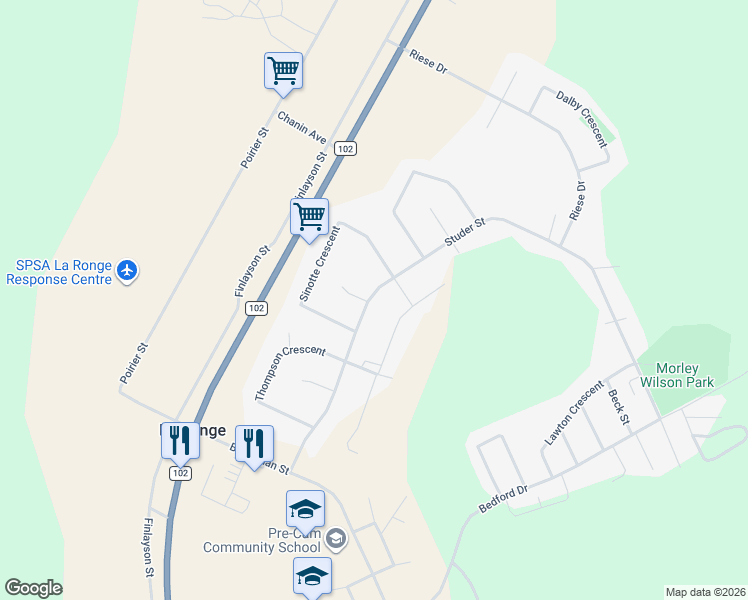 map of restaurants, bars, coffee shops, grocery stores, and more near 1528 Studer Street in La Ronge