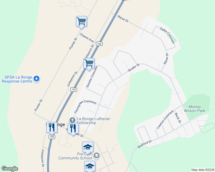 map of restaurants, bars, coffee shops, grocery stores, and more near 1528 Studer Street in La Ronge