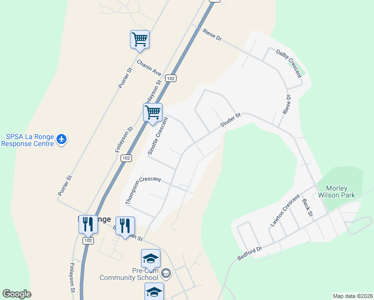 map of restaurants, bars, coffee shops, grocery stores, and more near 1528 Studer Street in La Ronge