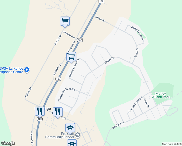 map of restaurants, bars, coffee shops, grocery stores, and more near 1528 Studer Street in La Ronge