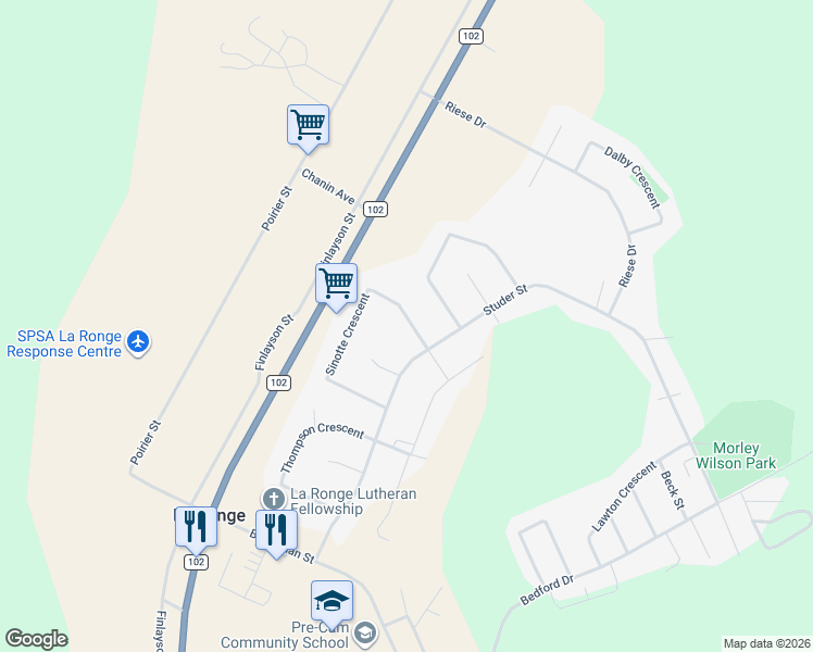 map of restaurants, bars, coffee shops, grocery stores, and more near 1528 Studer Street in La Ronge