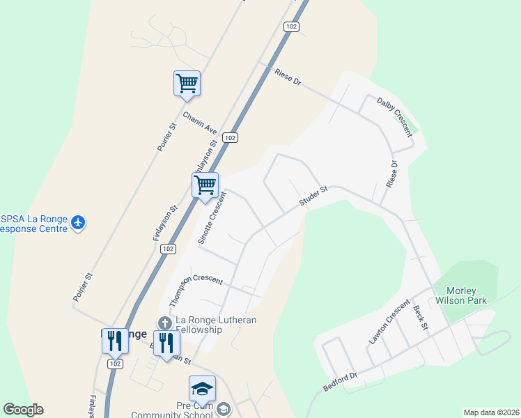 map of restaurants, bars, coffee shops, grocery stores, and more near 1528 Studer Street in La Ronge