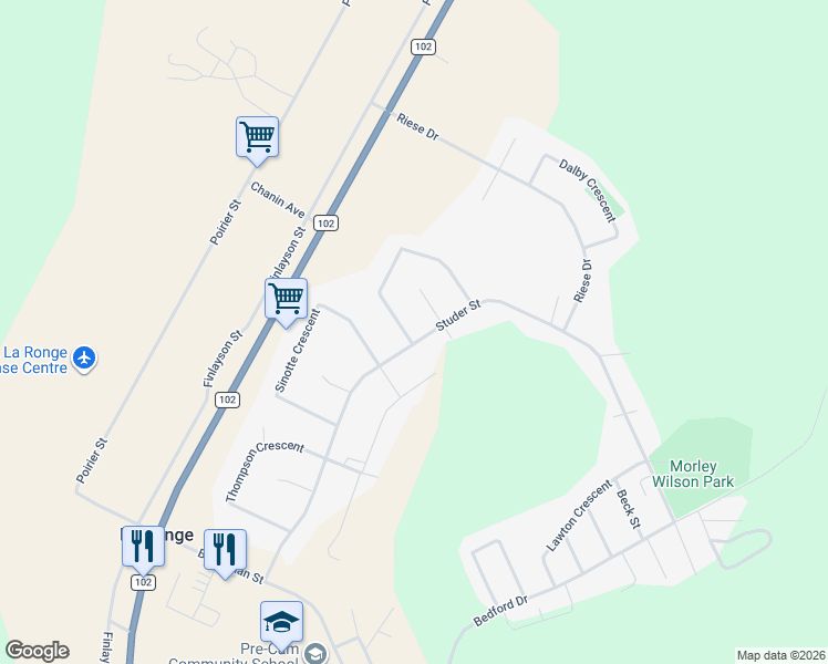 map of restaurants, bars, coffee shops, grocery stores, and more near 1528 Studer Street in La Ronge