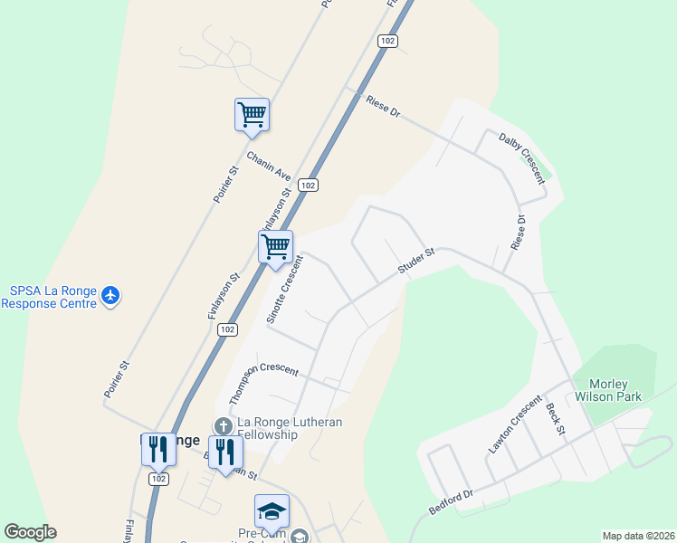 map of restaurants, bars, coffee shops, grocery stores, and more near 1528 Studer Street in La Ronge