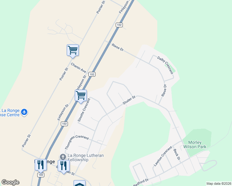 map of restaurants, bars, coffee shops, grocery stores, and more near 1528 Studer Street in La Ronge