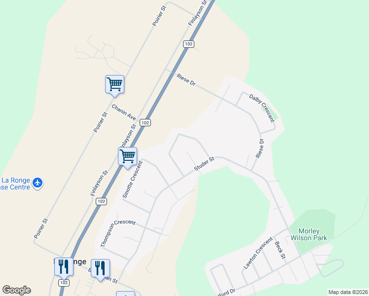 map of restaurants, bars, coffee shops, grocery stores, and more near 1528 Studer Street in La Ronge