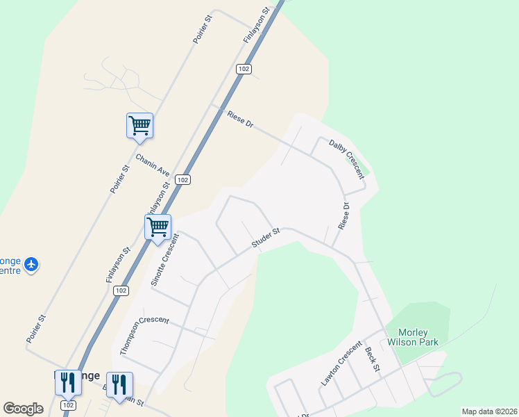 map of restaurants, bars, coffee shops, grocery stores, and more near Quandt Crescent in La Ronge
