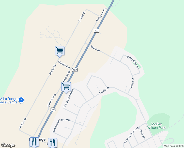 map of restaurants, bars, coffee shops, grocery stores, and more near Quandt Crescent in La Ronge