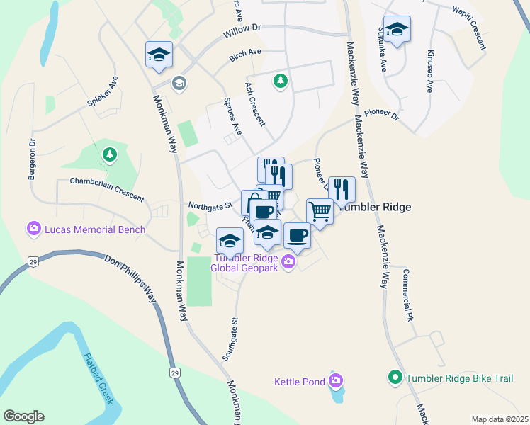 map of restaurants, bars, coffee shops, grocery stores, and more near 230 Main Street in Tumbler Ridge