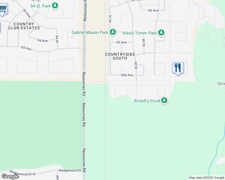 map of restaurants, bars, coffee shops, grocery stores, and more near 61 91st Street in Grande Prairie